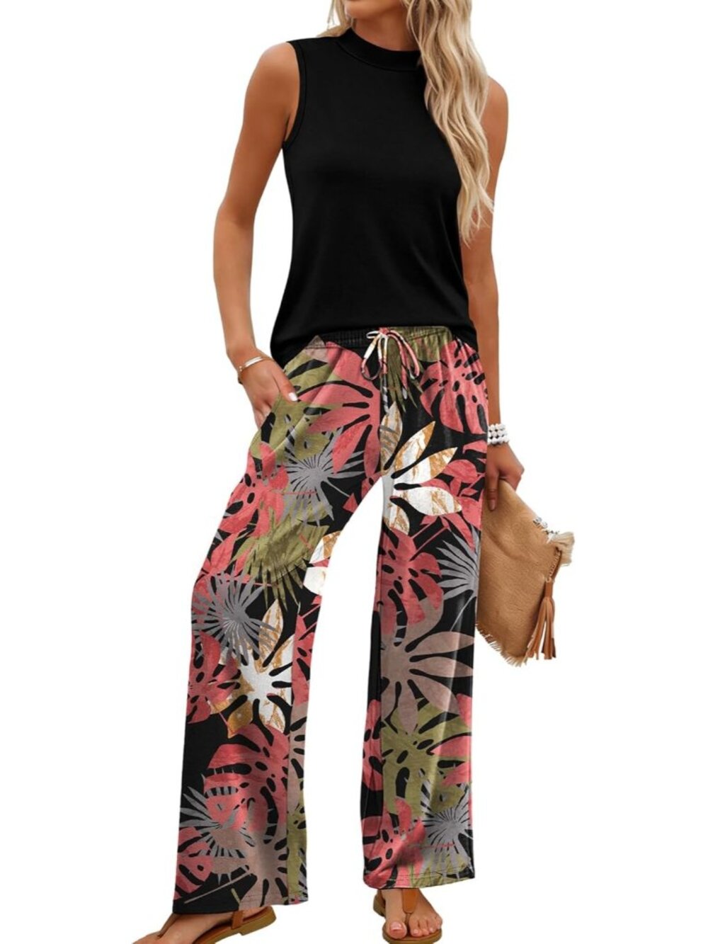 🆕Women Black Pink Leaf 2 Piece Set Summer Spring Outfits Mock Neck Wide Leg - Picture 1 of 4